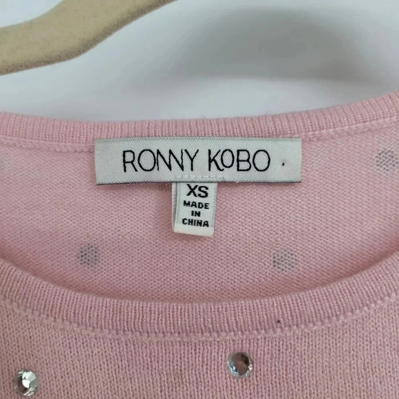 Ronny Kobo Chani Bodysuit Baby Pink Rhinestone Long Sleeve Knit Stretch XSmall - Picture 7 of 9